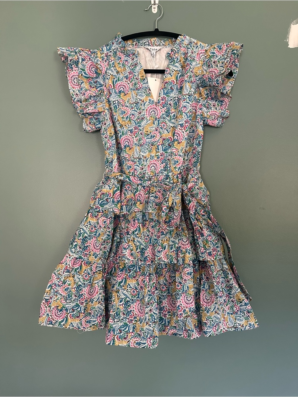 Fate Floral Print 100 % Cotton Dress with ruffle shoulders size small